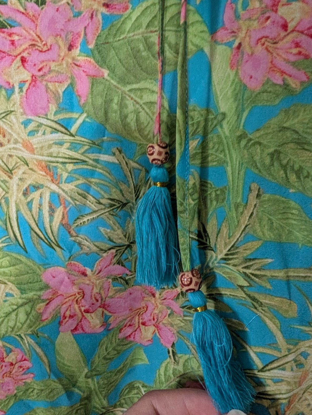 Rose & Olive Blue Floral Tassel Peasant Top 0038 - Picture 4 of 10